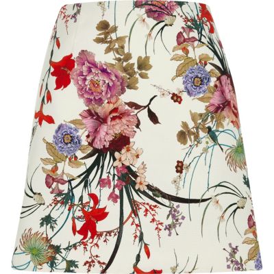 Cream floral print mini skirt